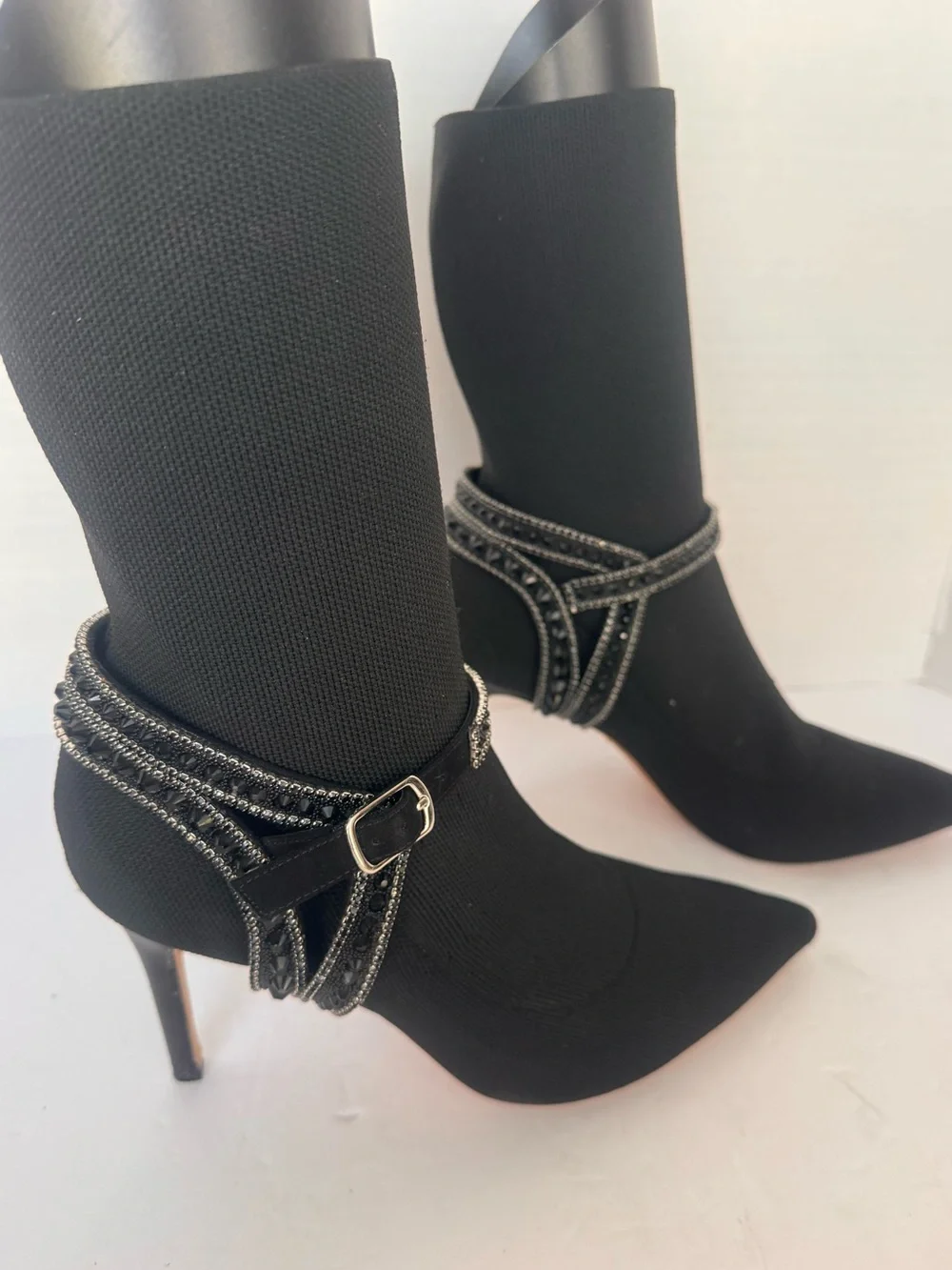 Badgley Mischka Black Stretch Knit Sock Booties Beaded Rhinestone Strap Size 7.5